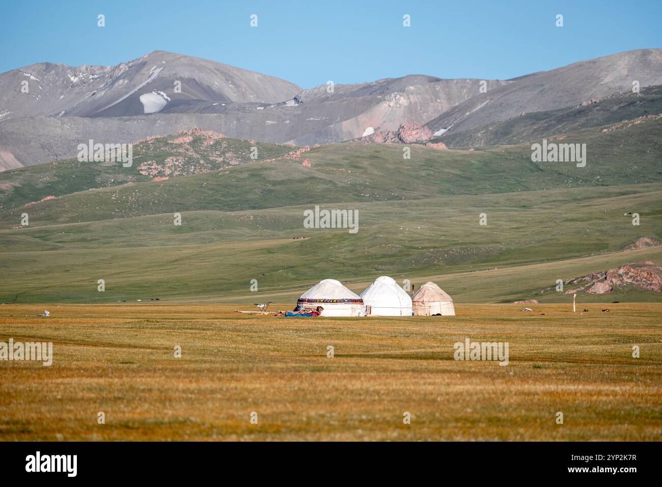 Traditional yurts in the Song-Kol lake area under a clear blue sky in ...
