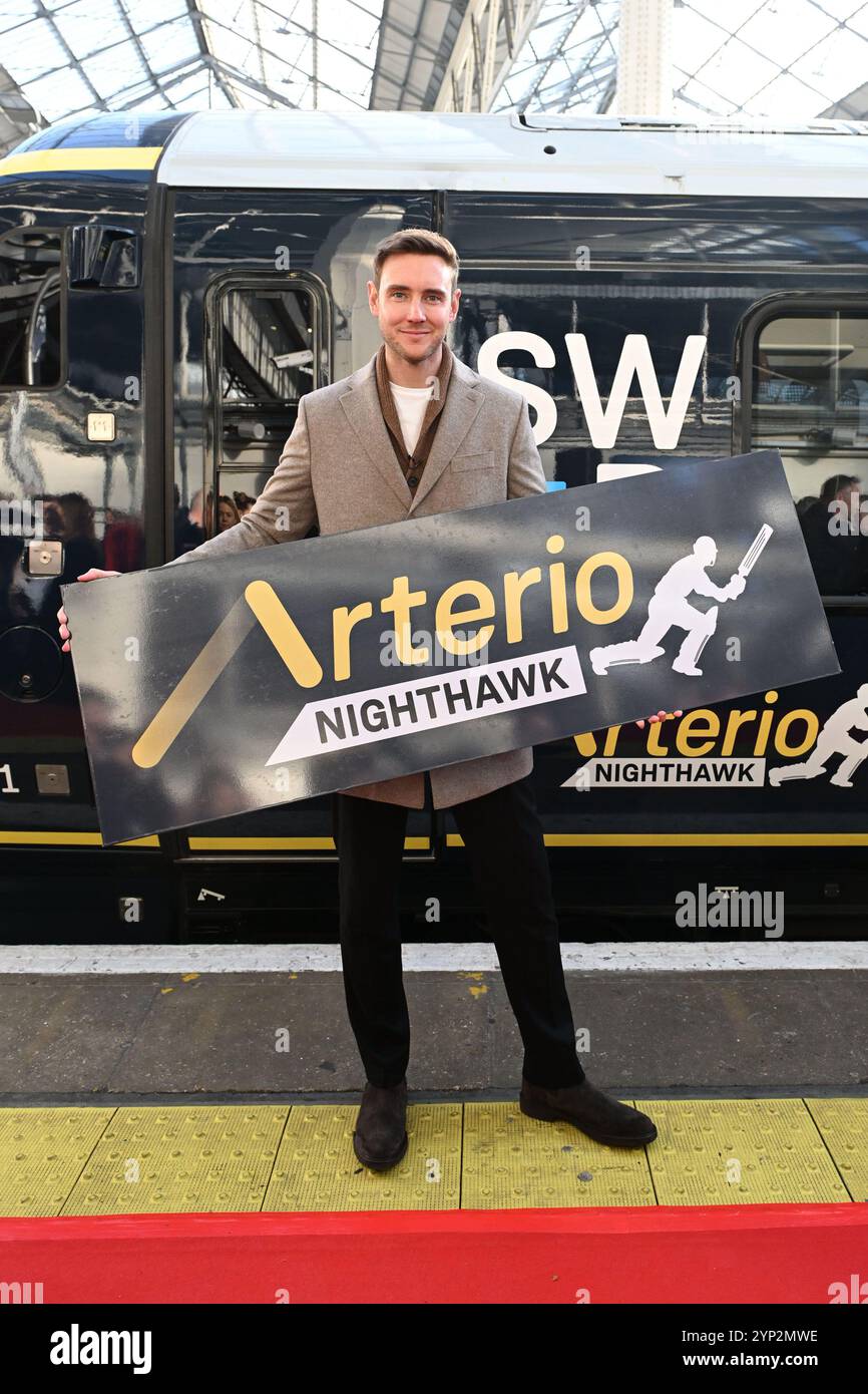 EDITORIAL USE ONLY England cricket legend, Stuart Broad CBE joins South Western Railway (SWR) at London Waterloo to celebrate the rollout of the new Arterio fleet, naming one of their trains the ‘Nighthawk’. Picture Date: Thursday November 28, 2024. Stock Photo