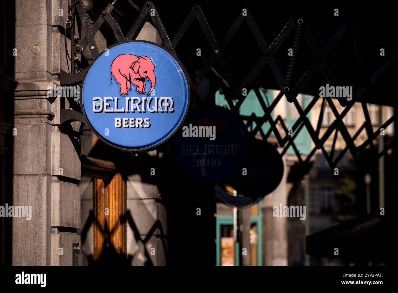 Close-up of blue sign with pink elephant of Delirium Beers, Brussels, Belgium, Europe Stock Photo