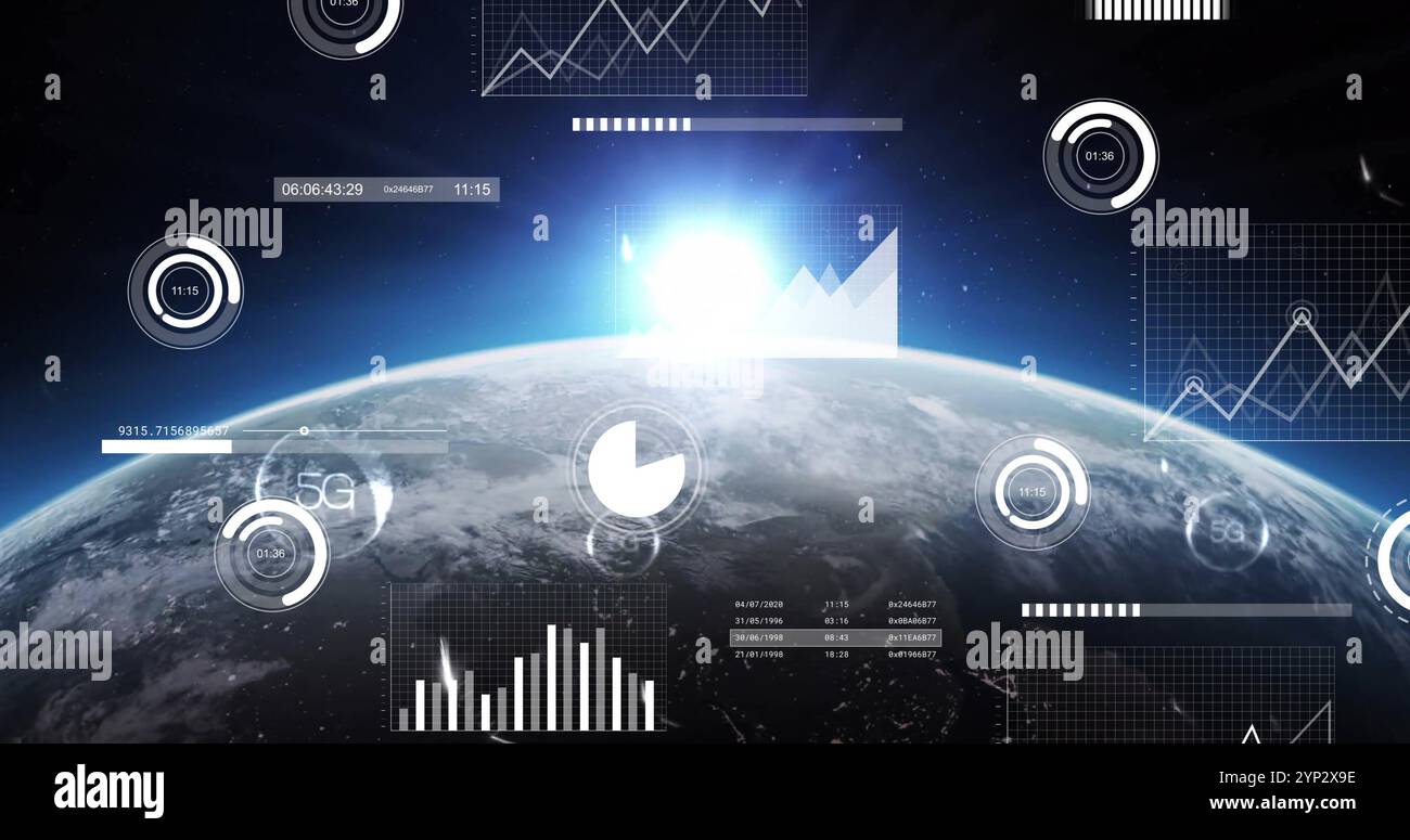 Image of 5g text and data processing over globe Stock Photo