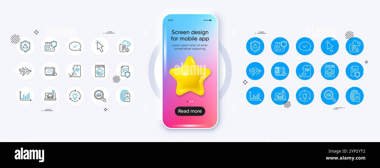 Airplane, Dot plot and Payment protection line icons. For web app, printing. Phone mockup with 3d star icon. Vector Stock Vector