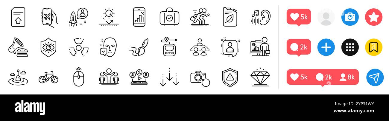Fishing float, Burger and Swipe up line icons pack. For web app. Social ...