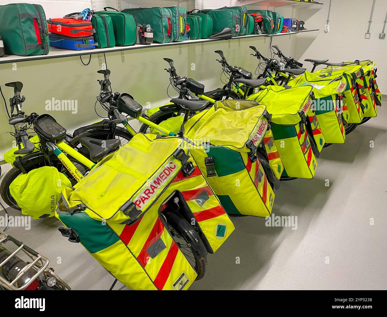 Paramedic bicycle ambulances in storage facility - Smartphone Captured Stock Image