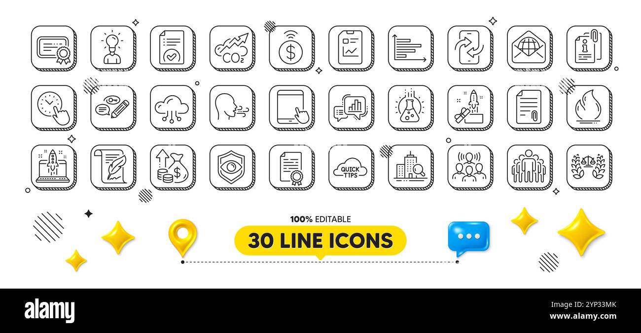 Certificate, Eye detect and Graph chart line icons pack. For web app. 3d design elements. Vector Stock Vector