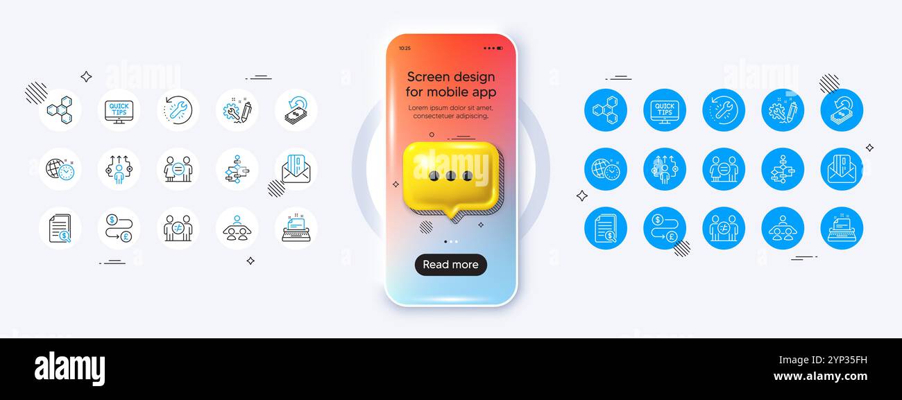 Chemical formula, Equality and Engineering line icons. For web app, printing. Phone mockup with 3d chat icon. Vector Stock Vector