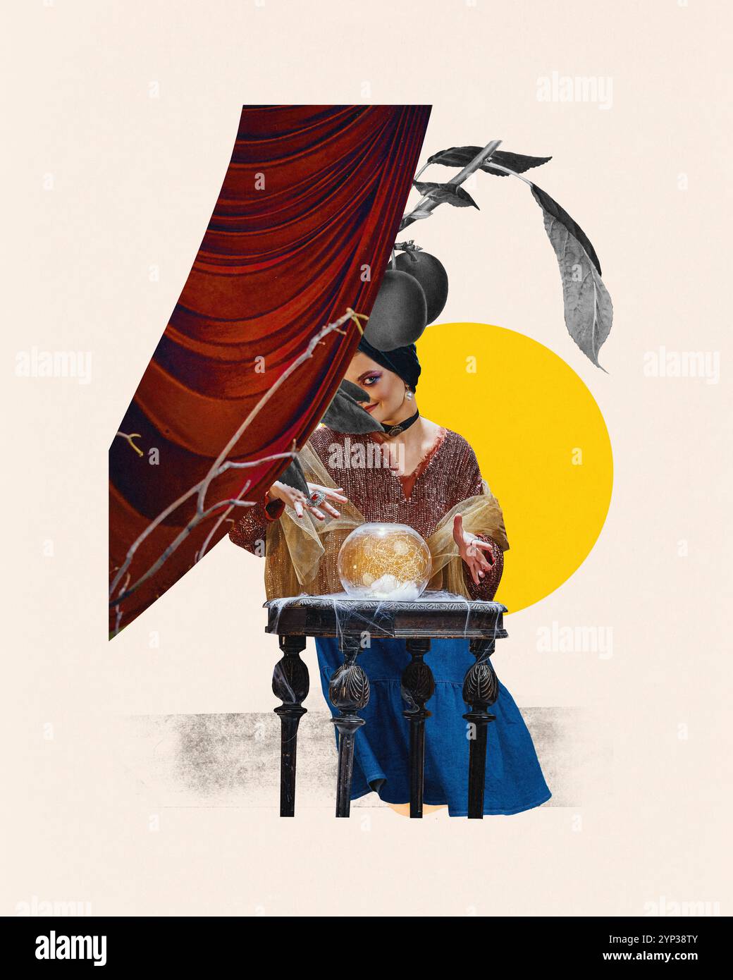 Mysterious fortune teller in sparkling attire with crystal ball on ...