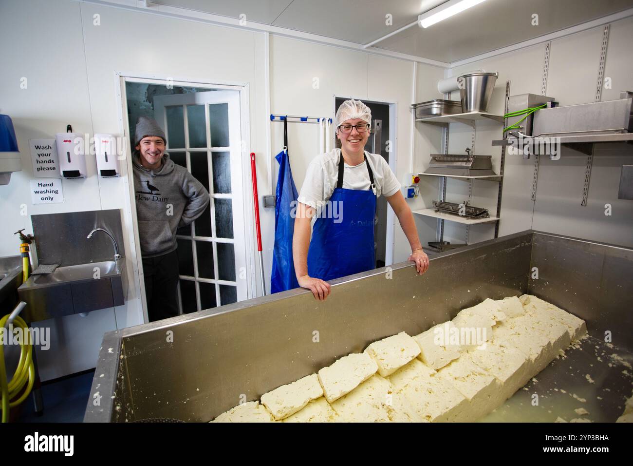 Cheese makers Ben and Samantha Spence at Curlew Dairy in Wensley near Leyburn in North Yorkshire. Curlew Dairy make traditional farmhouse Wensleydale Stock Photo