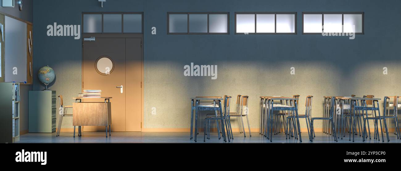 Sunlight illuminating empty classroom with desks and chairs 3d background Stock Photo