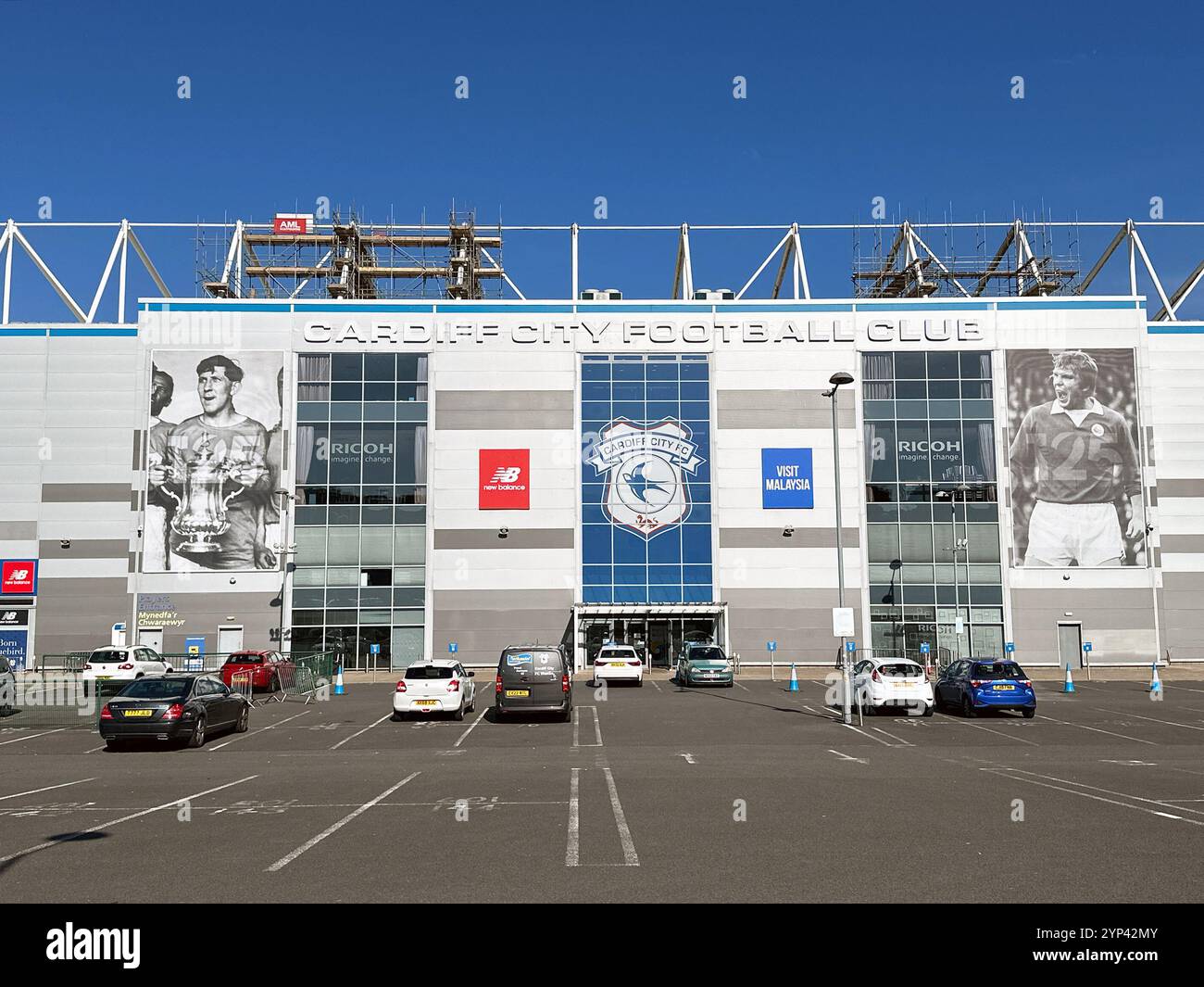 Cardiff, Wales – 14 September 2024: Exterior view of the Cardiff City FC football stadium in Leckwith on the outskirts of the city - Smartphone Captured Stock Image