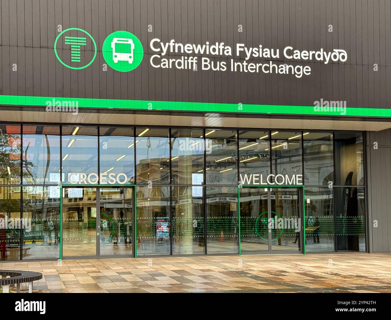 Cardiff, Wales - 6 October 2024:  Entrance to the new Cardiff Bus Interchange bus station in Cardiff city centre. - Smartphone Captured Stock Image