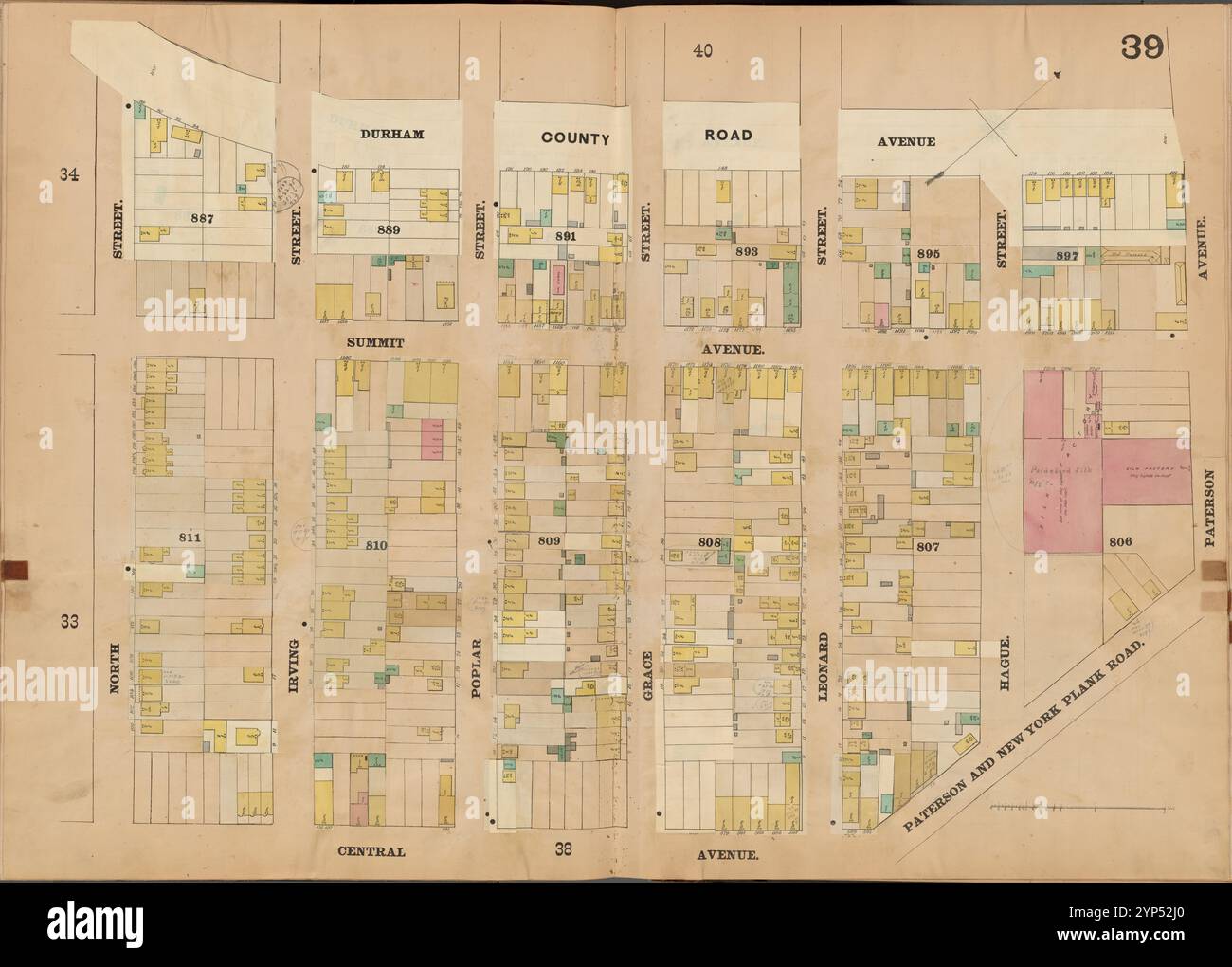 Jersey City, V. 4, Double Page Plate No. 39 [Map bounded by Durham Ave., Paterson Ave., Central Ave., North St.] 1873 Stock Photo