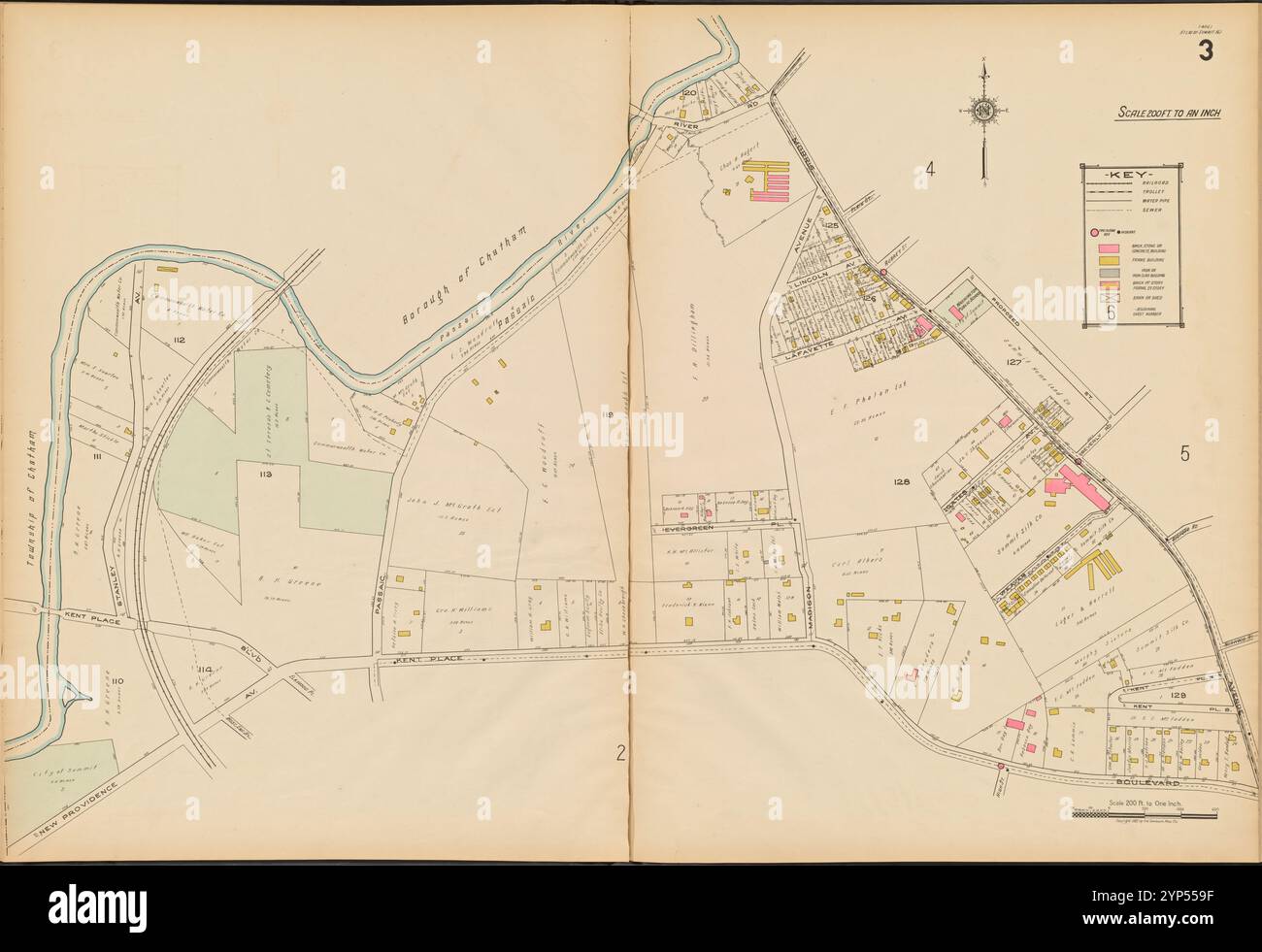 Summit, Double Page Plate No. 3 [Map bounded by Morris Ave., Kent Place Blvd., New Providence Ave., Passaic River] 1922 by Sanborn Map Company Stock Photo