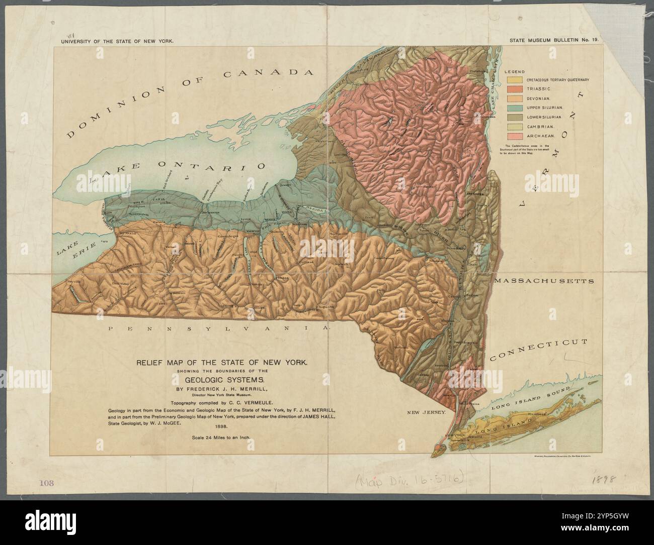 Relief map of the state of New - Relief Map Of The State Of New York Showing The Boundaries Of The Geologic Systems 1898 By Merrill Frederick J H Frederick James Hamilton 1861 1916 2YP5GYW