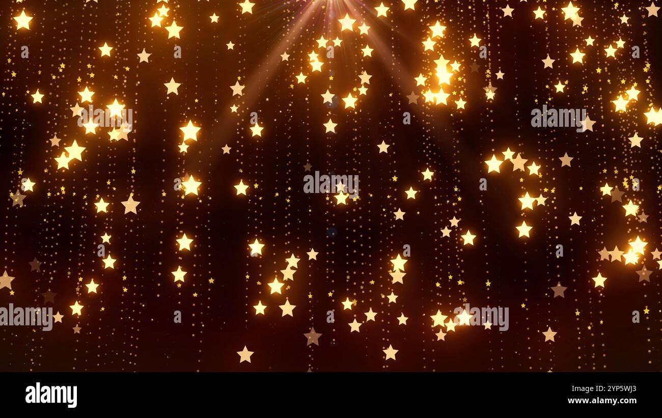 Christmas background with star particles and lights falling in line on golden. Christmas, Winter, New Years, Holidays projects concept. Stock Photo