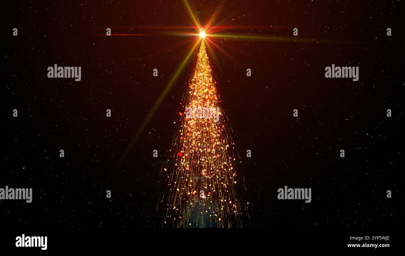 Glowing Christmas tree animation with snowflakes and particles on golden. Holiday concept and background. Stock Photo