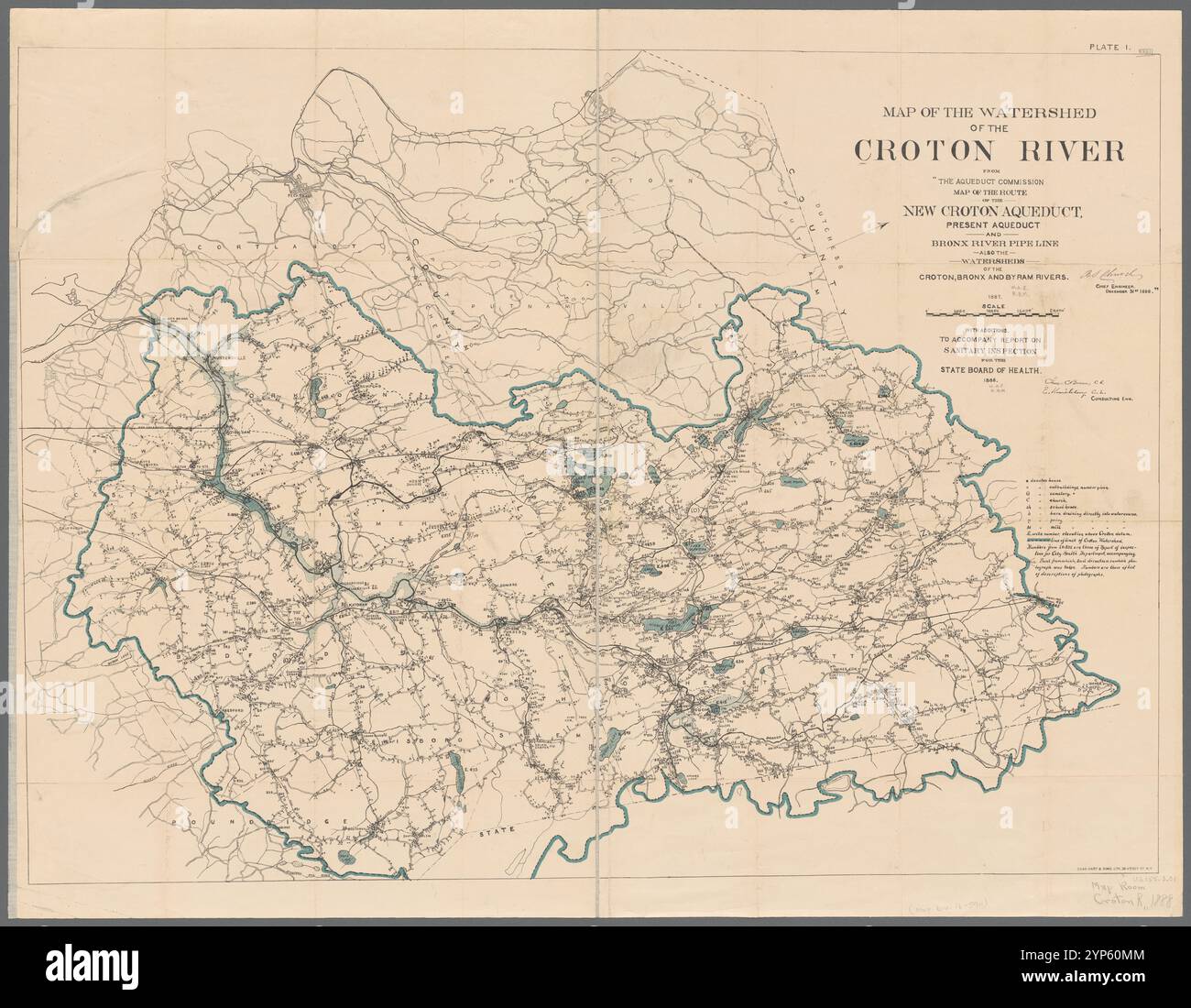 Plate I. Map of the watershed of the Croton River : from the Aqueduct commission map of the route of the New Croton Aqueduct, present Aqueduct and Bronx River pipe line, also the watersheds of the Croton, Bronx, and Byram Rivers, 1887 1888 Stock Photo