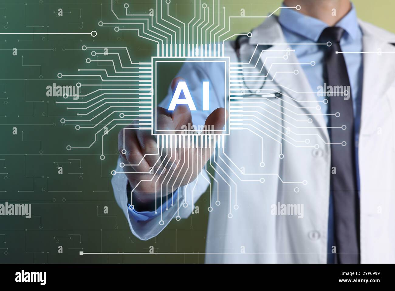 Artificial intelligence in medicine. Healthcare worker touching virtual AI chip on green background, closeup Stock Photo