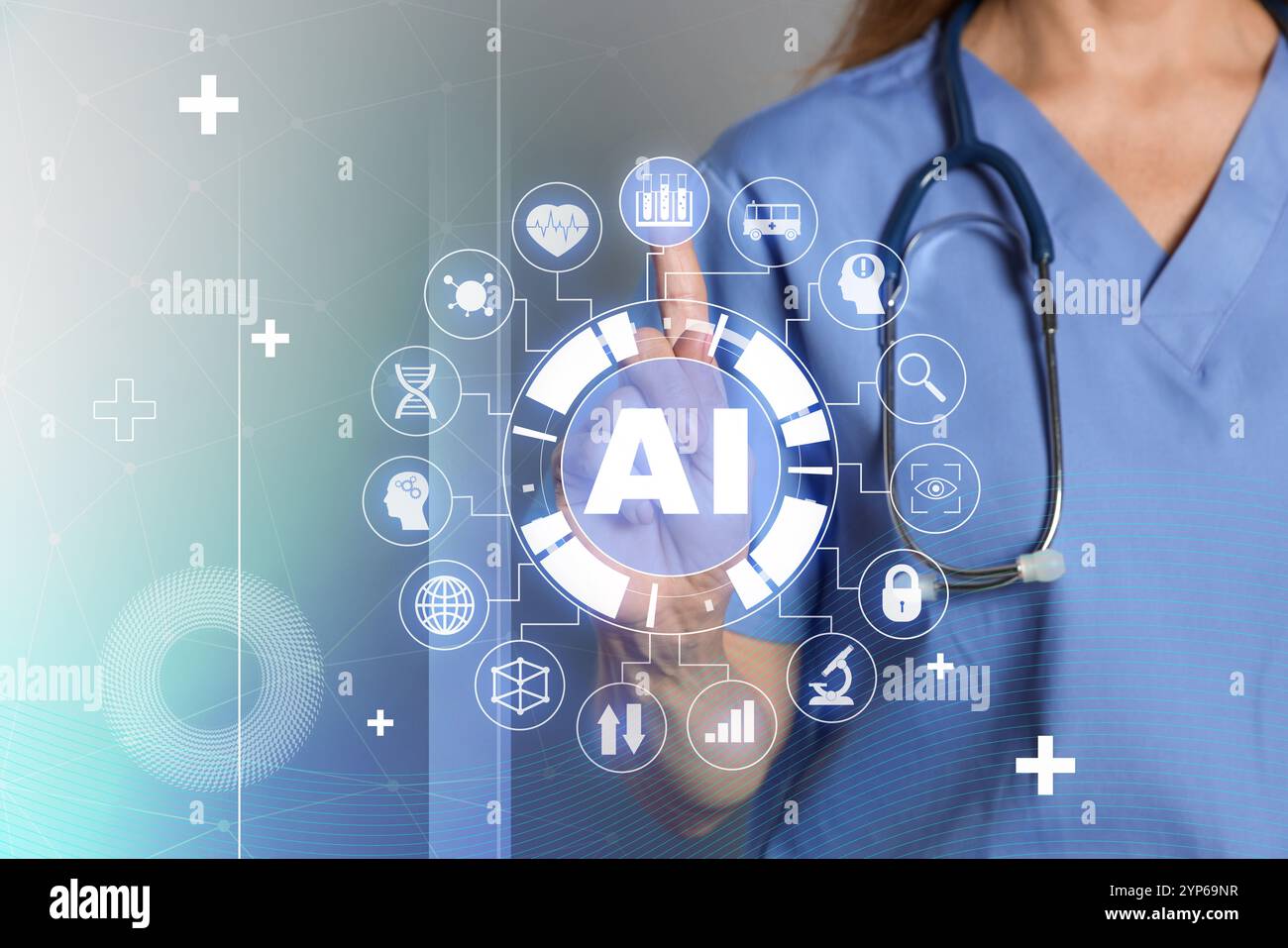 Artificial intelligence in medicine. Healthcare worker using virtual screen with AI abbreviation and icons, closeup Stock Photo