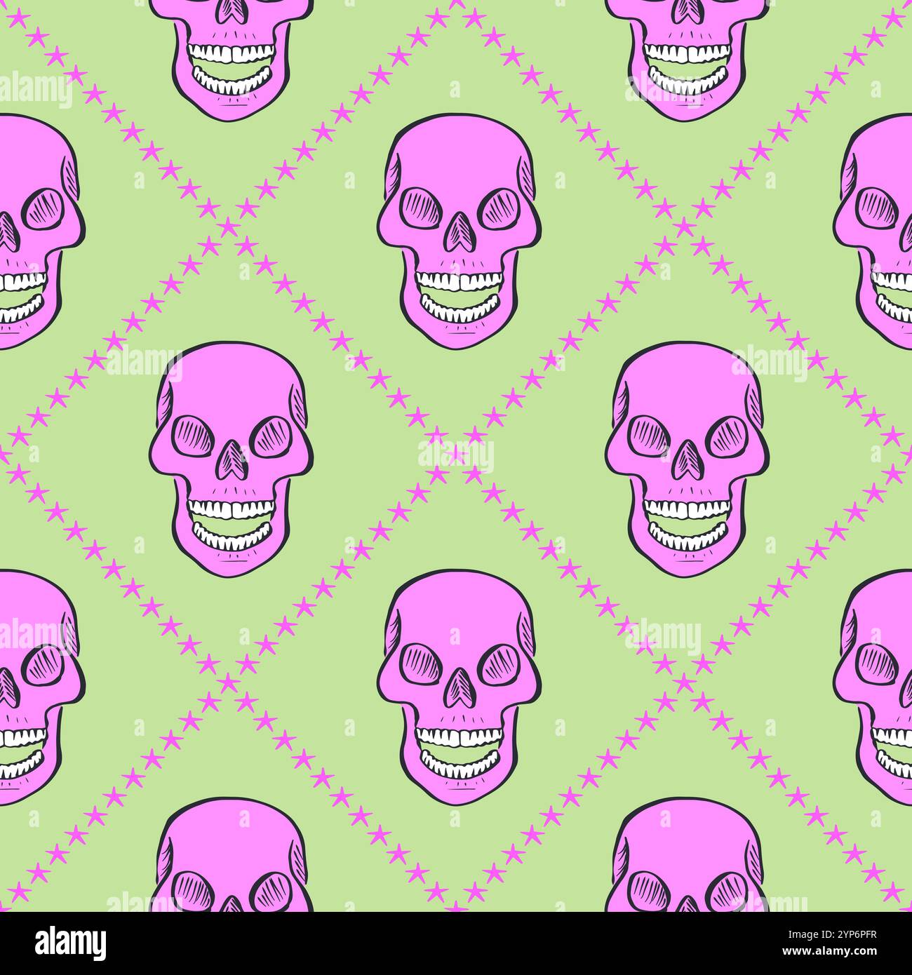 Seamless pattern with hand drawn skulls inside trellis Stock Vector
