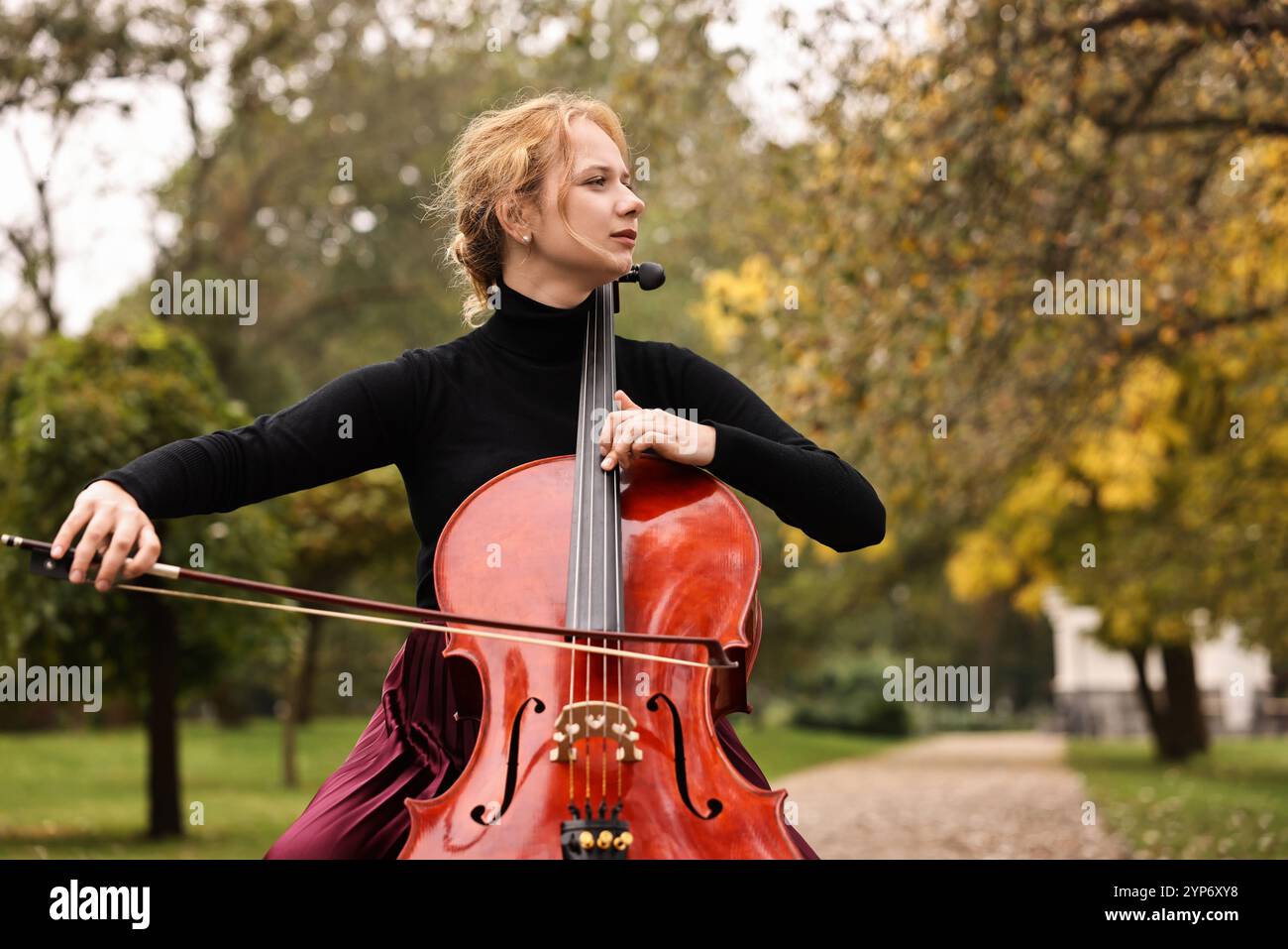 Beautiful young woman playing cello in park Stock Photo