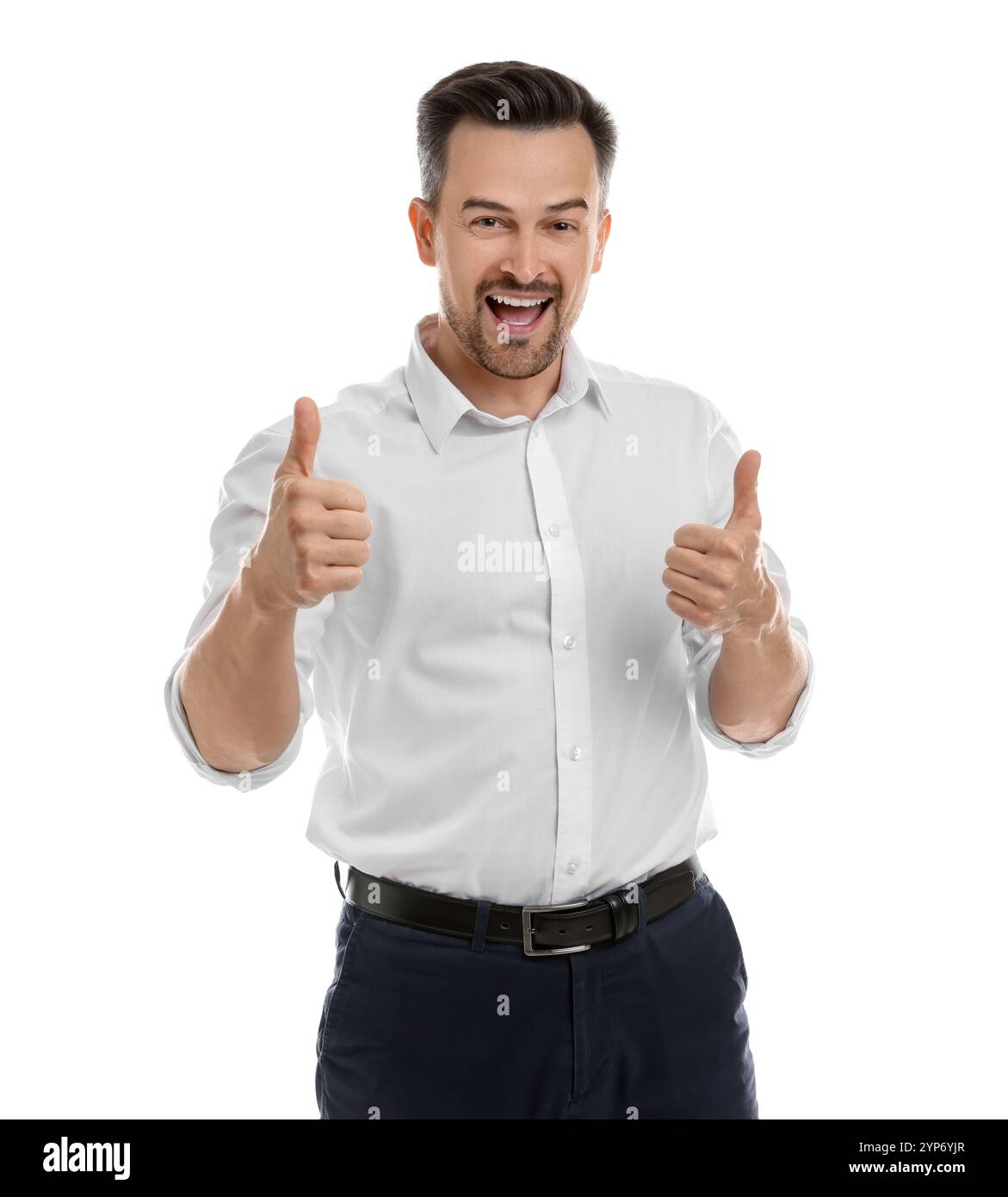 Happy winner showing thumbs up on white background Stock Photo - Alamy