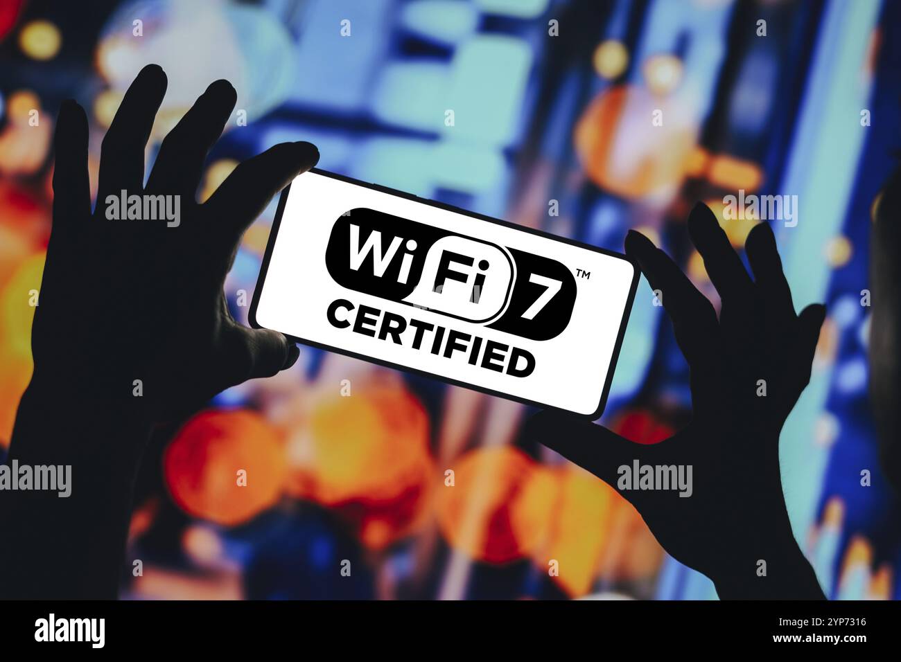 In this photo illustration, the Wi-Fi 7 logo is displayed on a smartphone screen Stock Photo