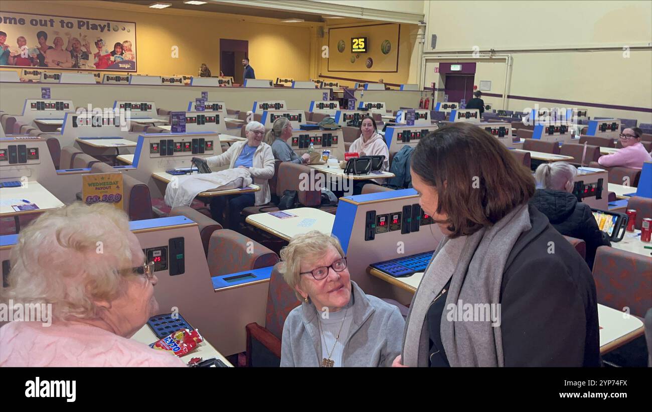 Sinn Fein President MaryLou McDonald canvassing at Jack Potts Bingo at The Cabra Grand, Dublin, where she called the bingo numbers as she concludes her party's election campaign on the final day of the election campaign. Picture date: Thursday November 28, 2024. Stock Photo