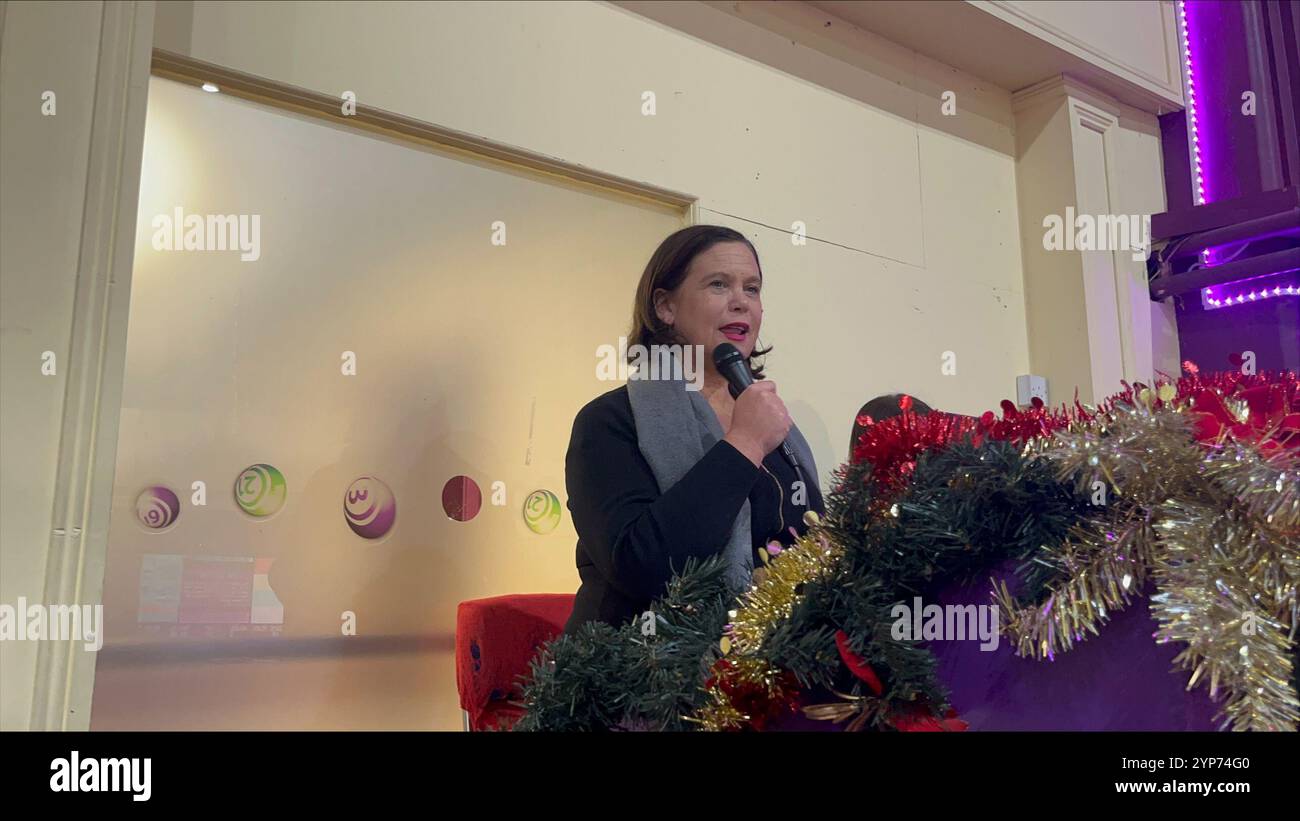 Sinn Fein President MaryLou McDonald calls the bingo numbers at the Jack Potts Bingo at The Cabra Grand, Dublin, as she concludes her party's election campaign on the final day of the election campaign. Picture date: Thursday November 28, 2024. Stock Photo