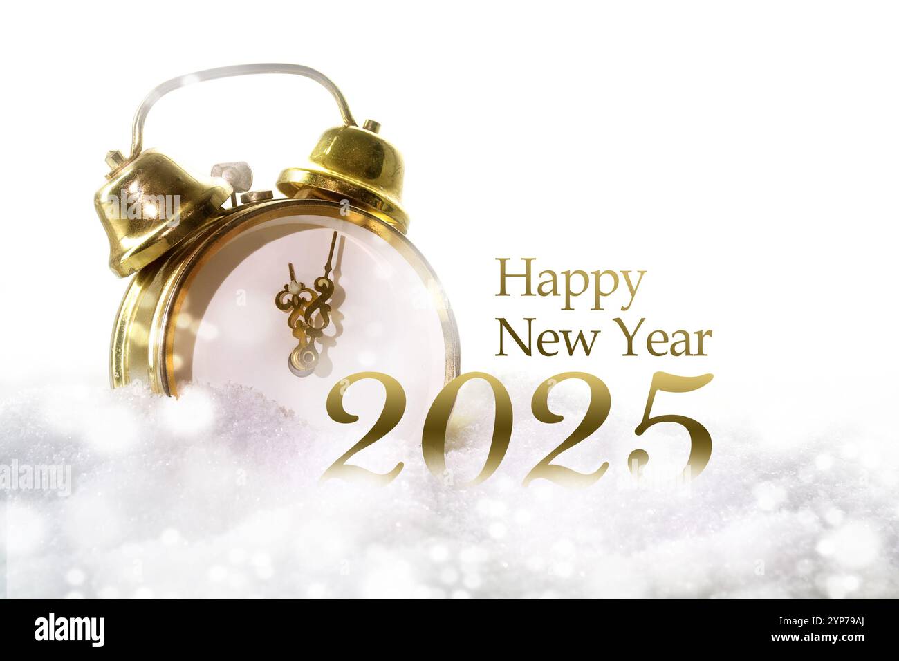 Happy New Year 2025 as text and a golden vintage alarm clock on a snowy background, greeting card with copy space Stock Photo