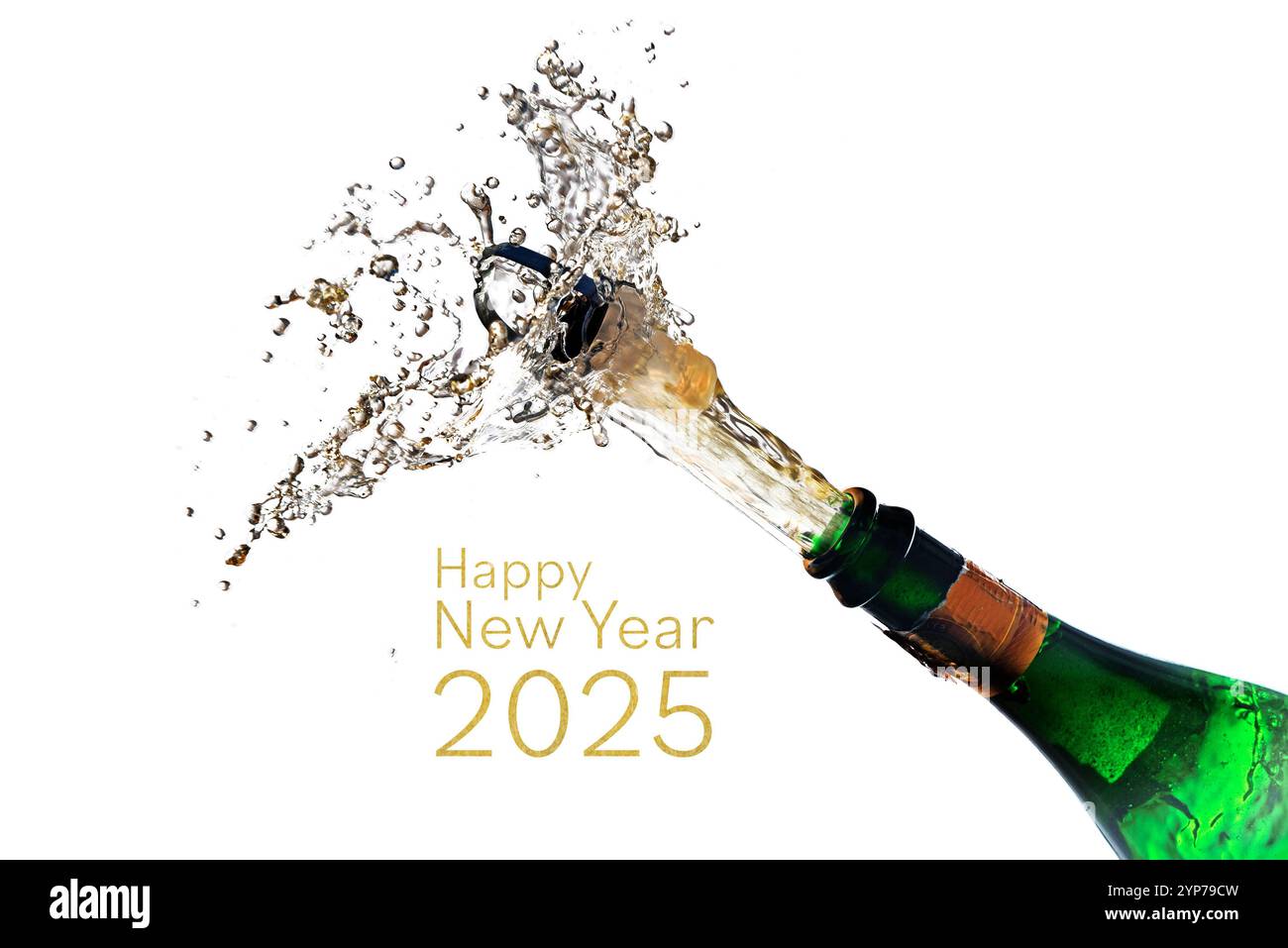 champagne bottle explosion with cork popping splash and text Happy New Year 2025 isolated on a white background, copy space, selected focus, motion bl Stock Photo