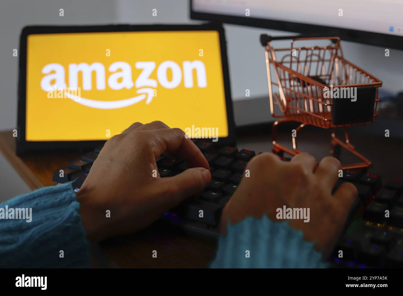 In this photo illustration, a person typing and in the background the ...