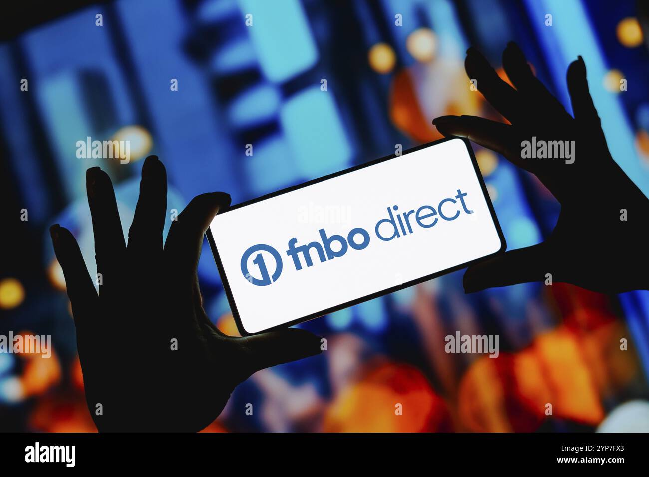 In this photo illustration, the FNBO Direct logo is displayed on a smartphone screen Stock Photo