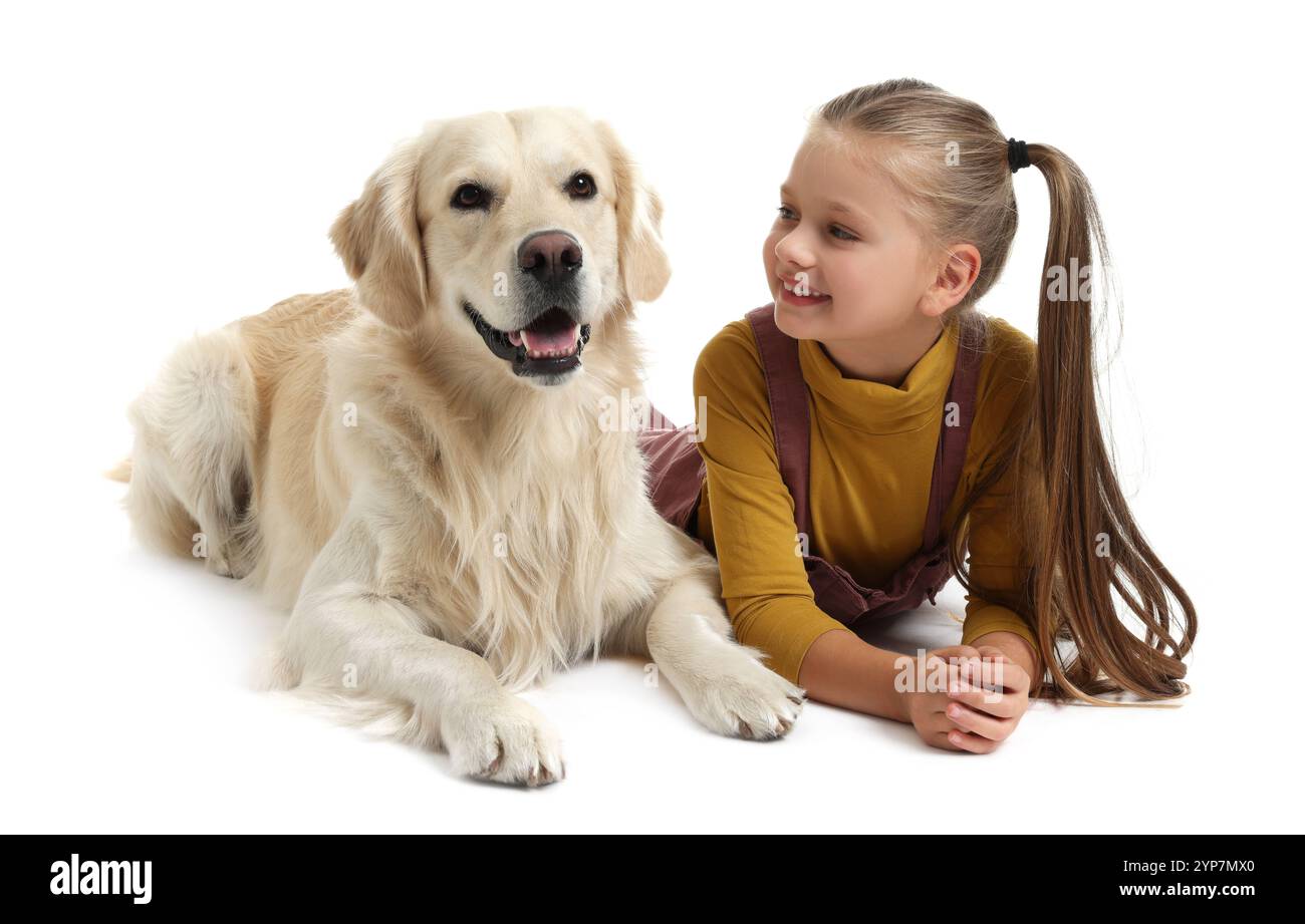 Girl with her cute Golden Retriever dog lying on white background Stock ...