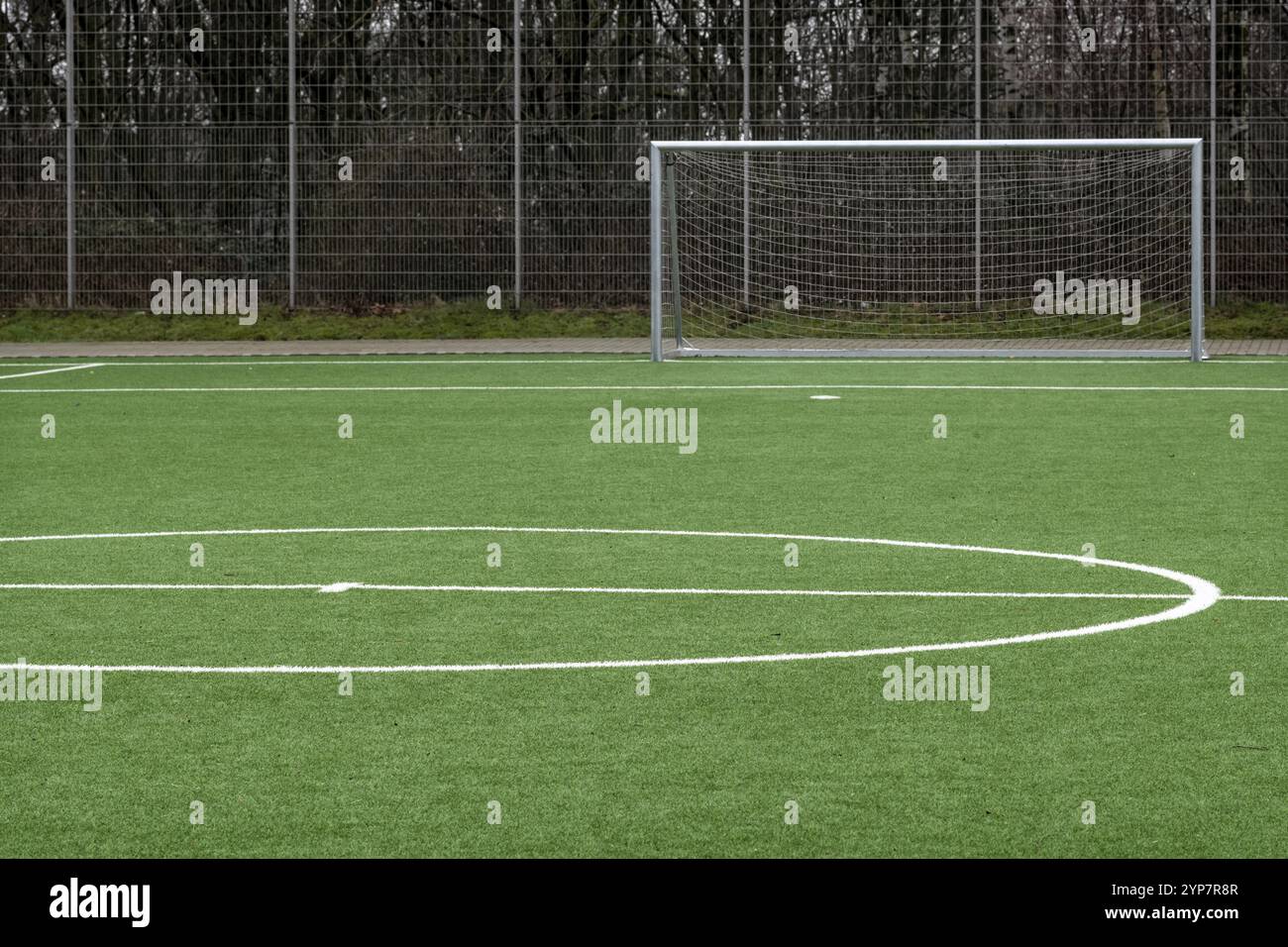 Soccer pitch, center circle and goal Stock Photo