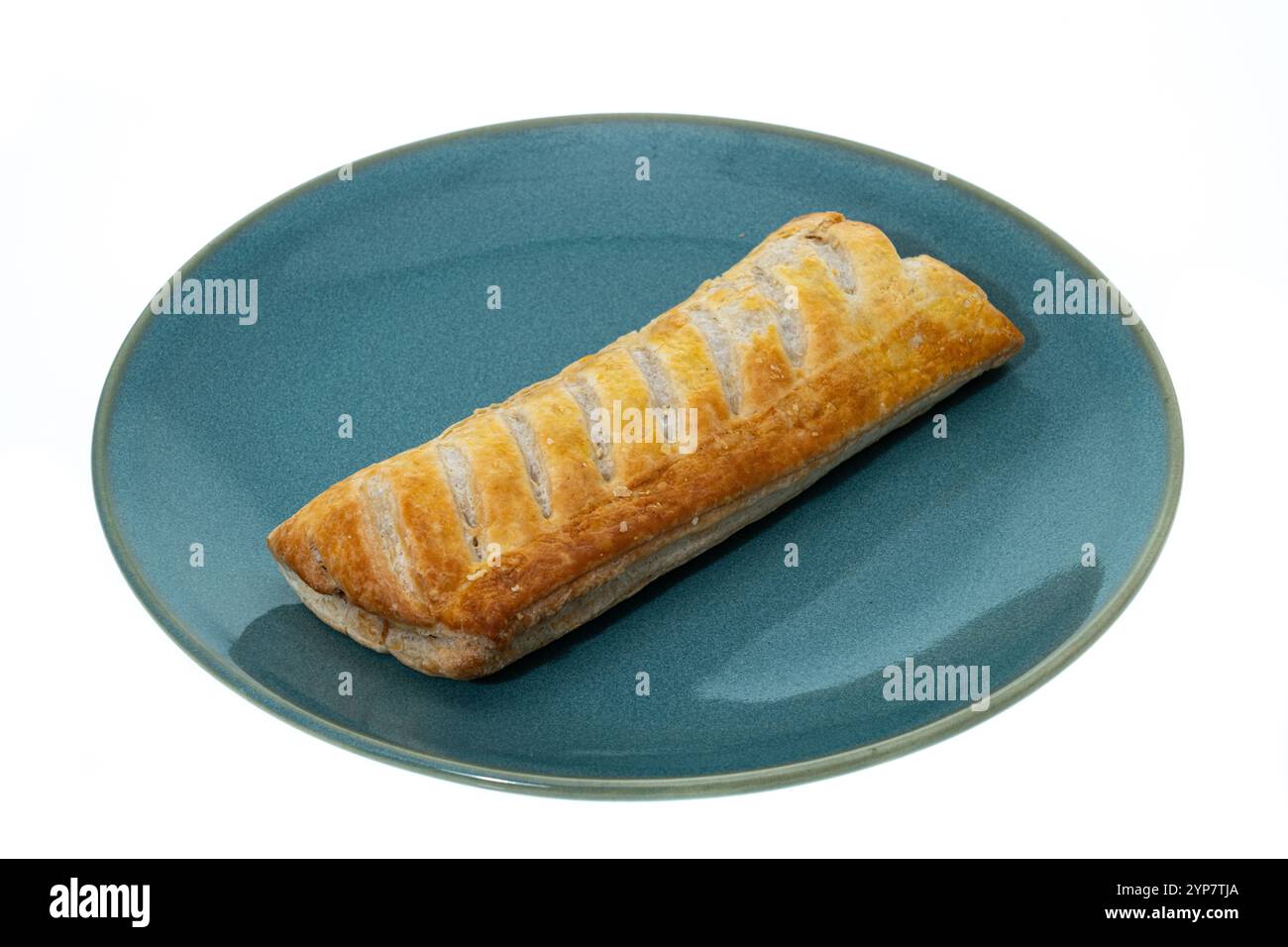 Large sausage roll on a plate - white background Stock Photo