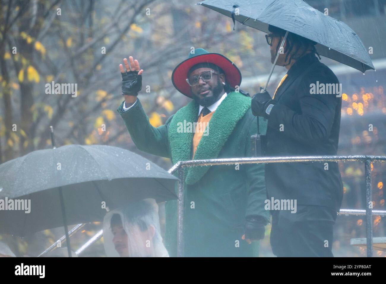 New York, United States. 28th Nov, 2024. NEW YORK, NEW YORK - NOVEMBER 28: T-Pain rides the Big Turkey Spectacular by Jennie-0 float during the Macy's Annual Thanksgiving Day Parade on November 28, 2024 in New York City. Credit: Ron Adar/Alamy Live News Stock Photo