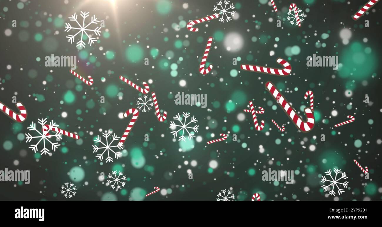 Image of snow and christmas candy canes falling over green background ...