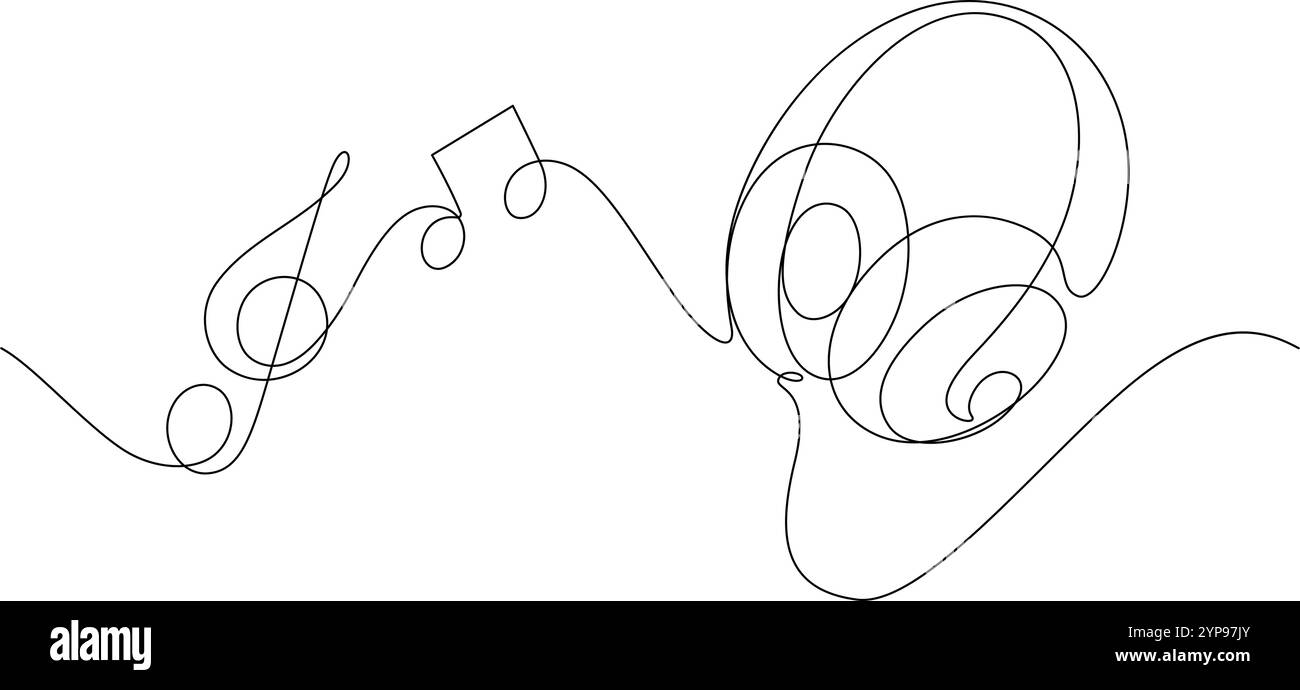 headphone one line drawing continuous wire with music note. earphone thin line illustration music entertainment concept Stock Vector