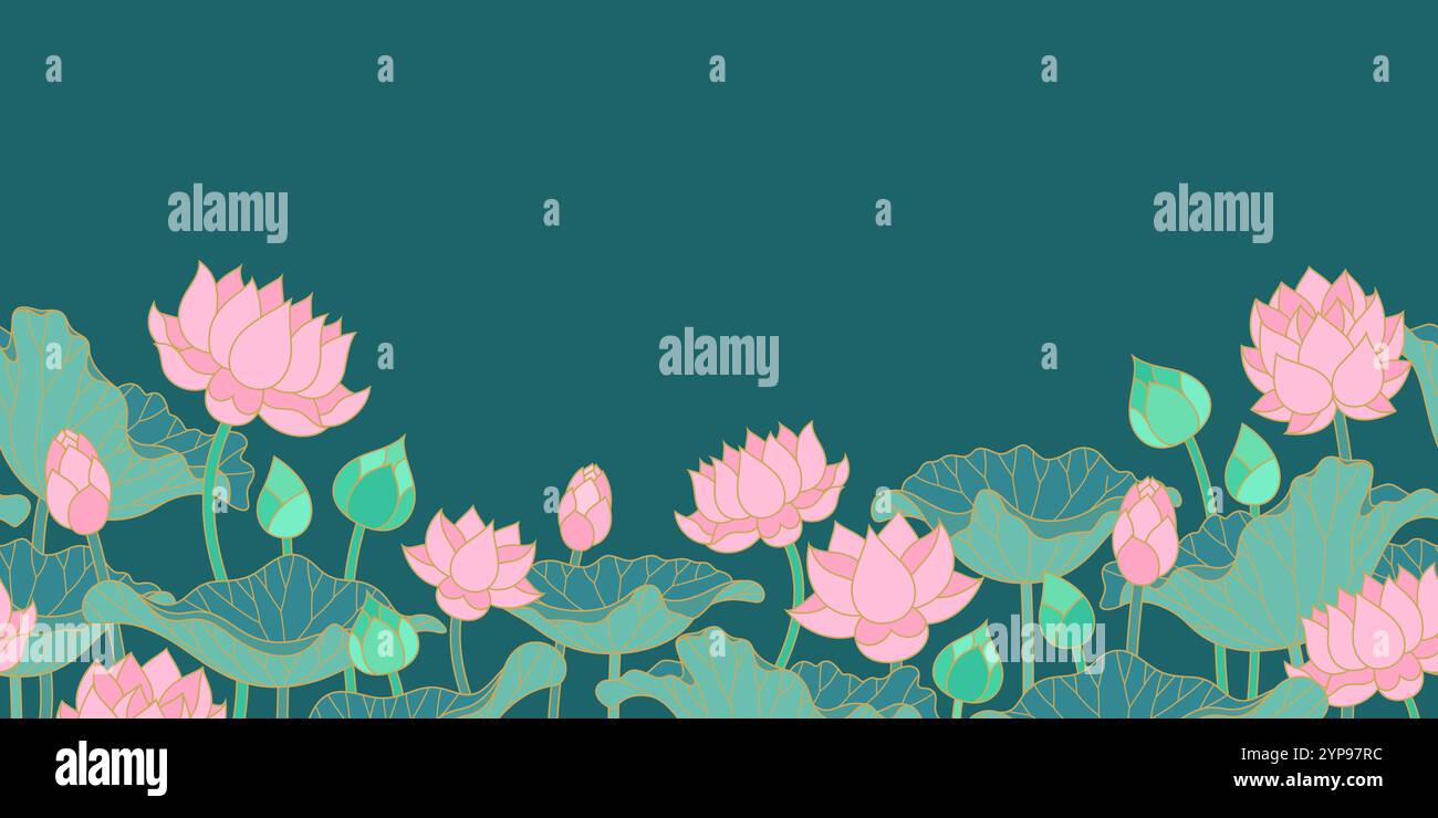 lotus flowers and leaves blossom scenic decorative art seamless background flat outline Stock Vector