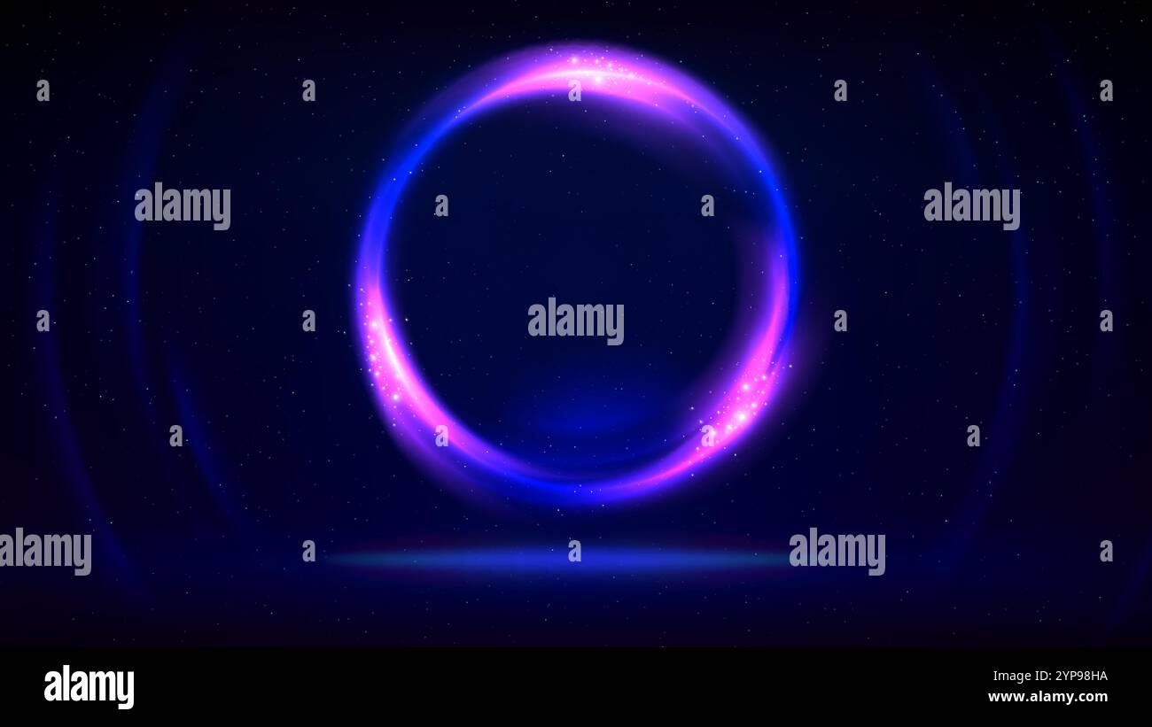 Circular frame on dark background. Pink blue purple glowing circle. Shining light ring. Illuminated stage, dark blue backdrop. Background. Empty Stock Vector