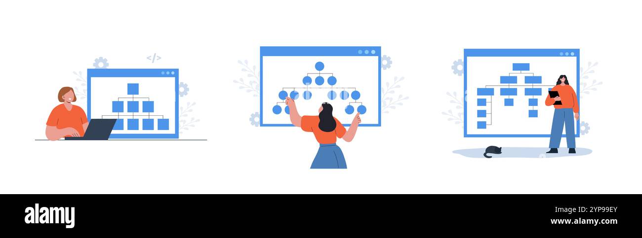 Sitemap creation. Set of Vector illustrations. Website optimization concept. Web development and web page structure. Build XML map with lists the URLs Stock Vector
