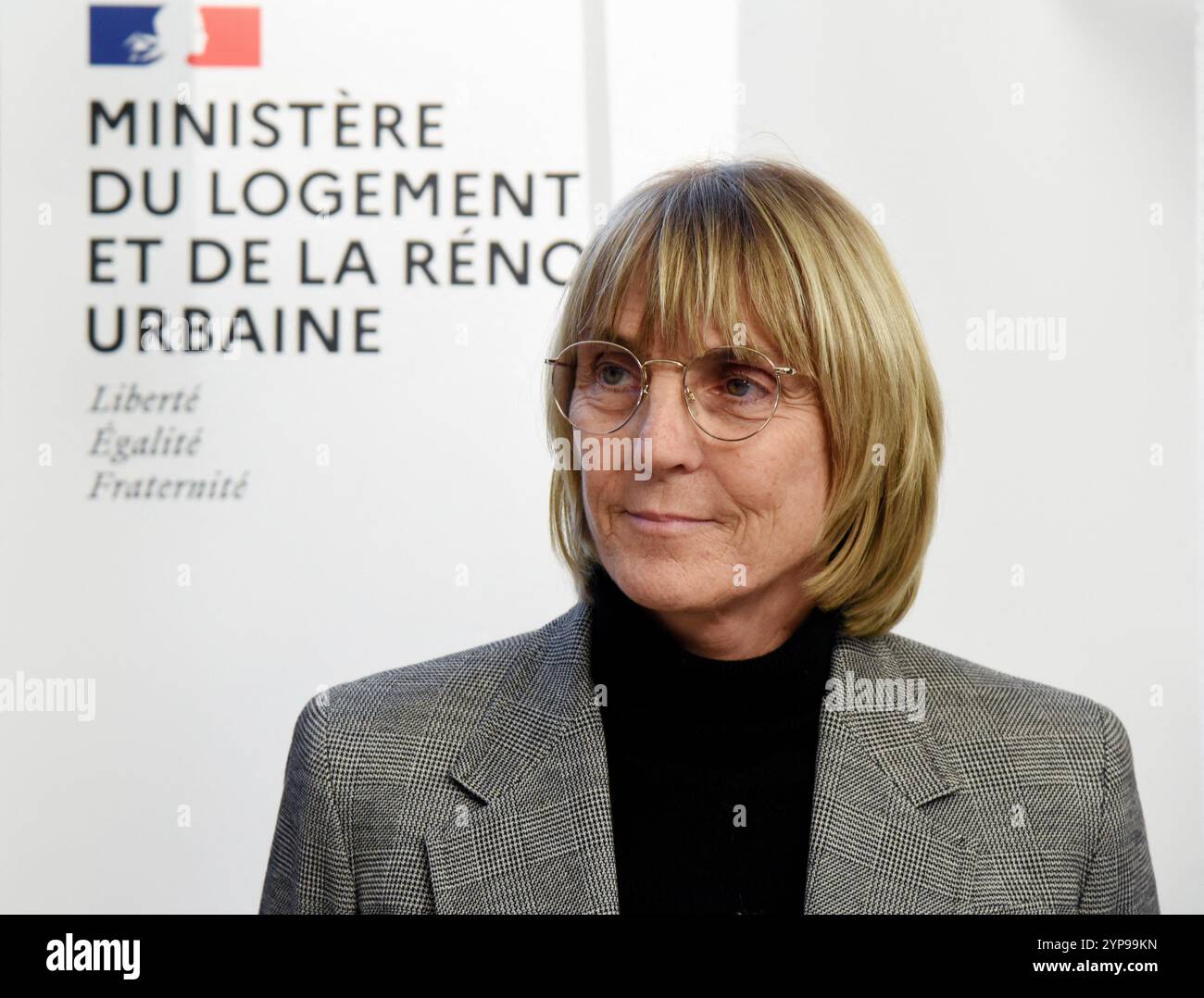 Saint Denis, France. 28th Nov, 2024. Valerie Letard, French Minister of Housing and Urban Renovation visits to the Olympic Village and presentation of the EcoQuartier label in Saint-Denis, France on November 28, 2024 Photo by Alain Apaydin/ABACAPRESS.COM Credit: Abaca Press/Alamy Live News Stock Photo