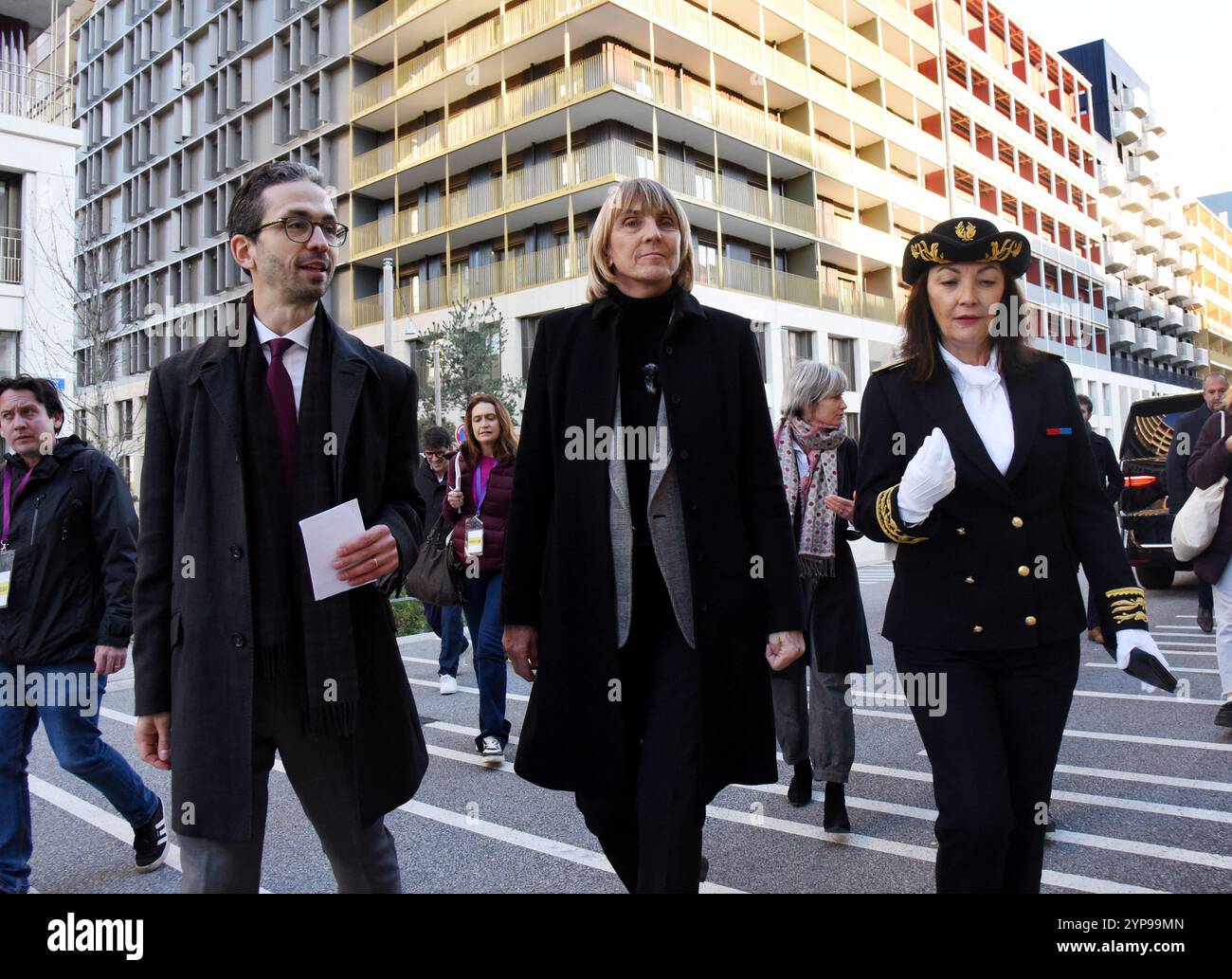 Saint Denis, France. 28th Nov, 2024. Valerie Letard, French Minister of Housing and Urban Renovation visits to the Olympic Village and presentation of the EcoQuartier label in Saint-Denis, France on November 28, 2024 Photo by Alain Apaydin/ABACAPRESS.COM Credit: Abaca Press/Alamy Live News Stock Photo