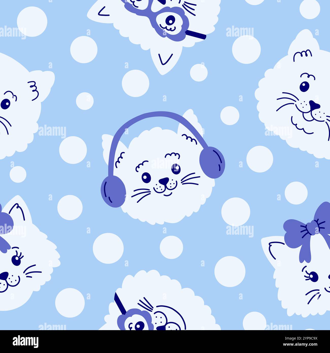 Seamless pattern with cat faces and dots. Stock Vector