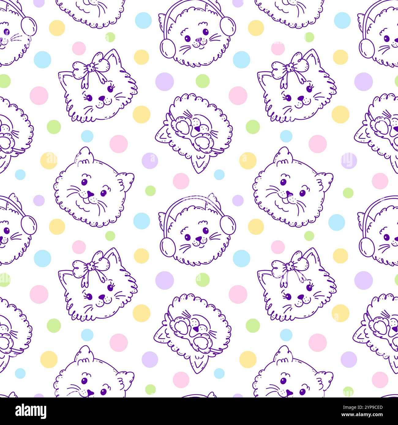 Seamless pattern with cat faces and dots. Stock Vector