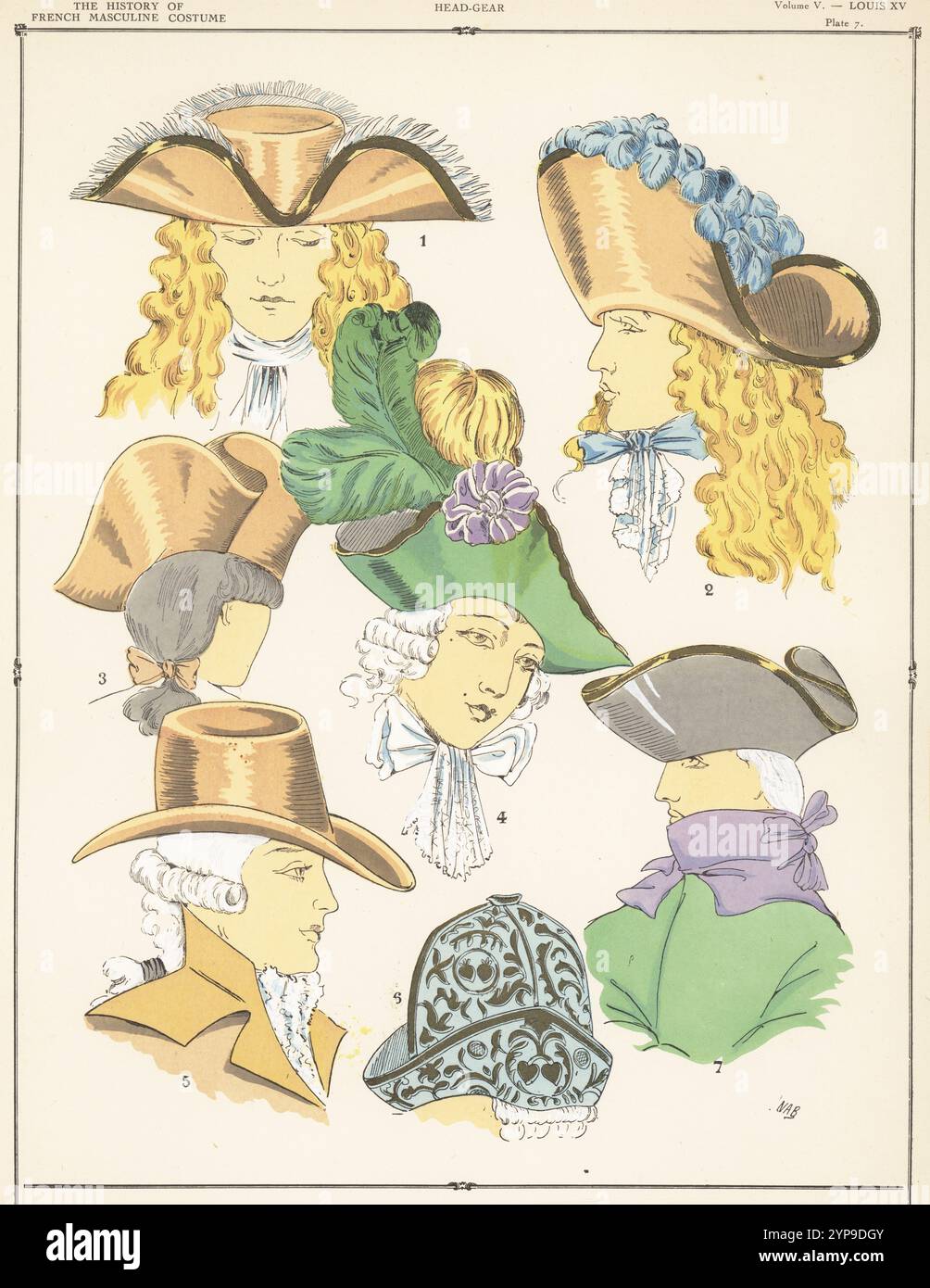 Hats and headgear of the era of Louis XV of France. Officer's wide tricorne 1, nobleman's hat with tufts of ostrich feathers 2, public musician's hat 3, plumed ceremonial headgear 4, town hat 5, wedding cap 6, and tricorne 7. Hand-coloured pochoir (stencil) lithograph by NAB from Paul Louis de Giafferri’s History of French Masculine Costume from 420 to 1870, Foreign Publications, New York, 1927. Stock Photo