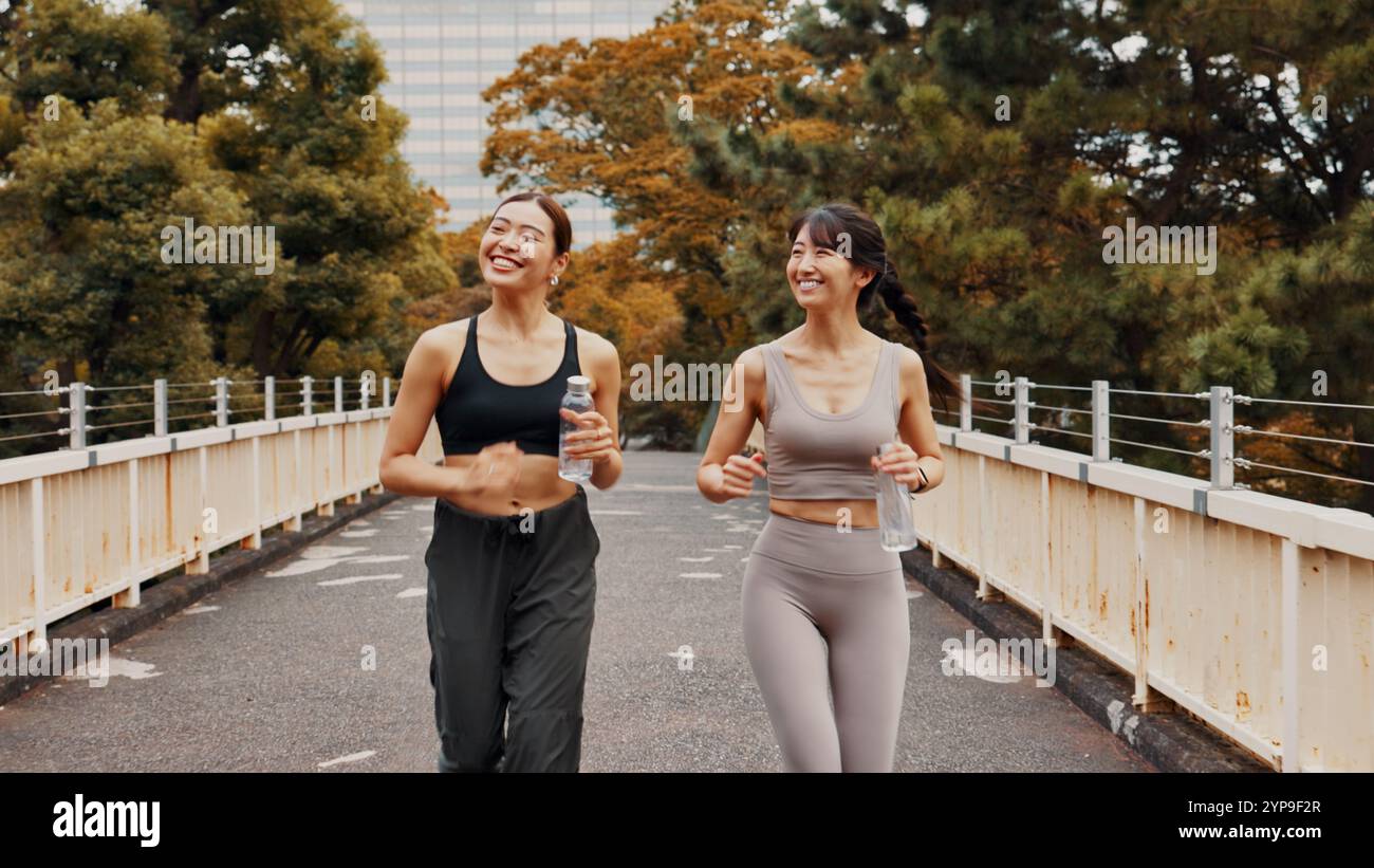 Running, fitness and exercise for women, bridge and routine in morning ...