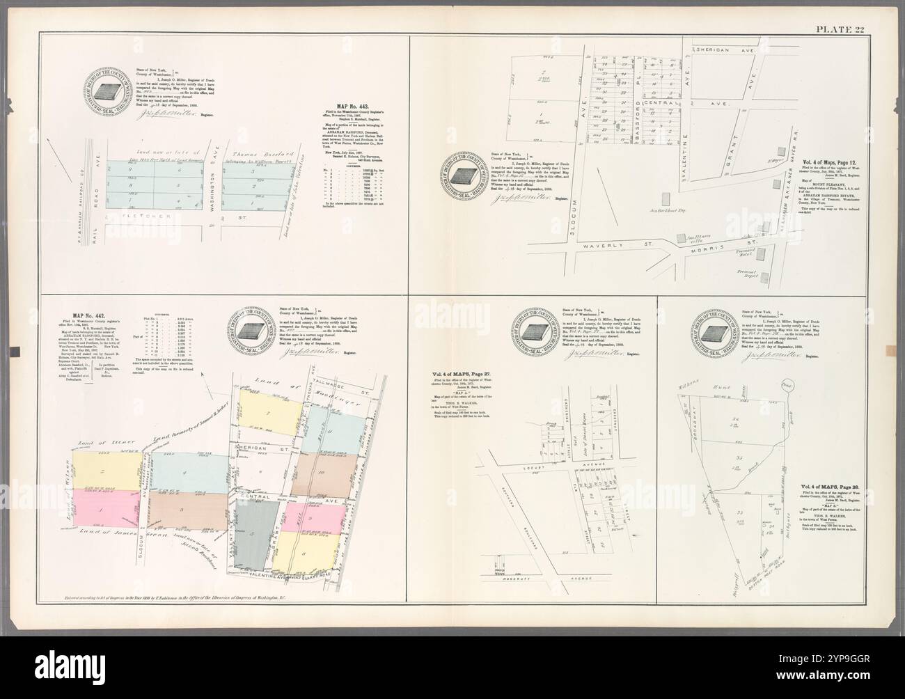 Plate 22: Map No. 443 [Bounded by Railroad Ave., Washington Ave. and Fletcher St.] - Vol. 4 of Maps, Page 12: [Bounded by Sherigan Ave., Grant Ave., N.Y. & Harlem, & N.Y. & New Haven R.R., Morrist St., Waverly St. and Slocum Ave.] - Map No. 442: [Bounded by Tallmadge St., Land of the New York and Harlem Railroad Company, Quarry Road, Valentine Ave. and Slocum Ave.] - Vol. 4 of Maps, Page 27: [Bounded by Southern Blvd., Locust Ave., Catherine St., Chestnut St. and Woodruff Ave.] - Vol. 4 of Maps, Page 28: [Bounded by Wilkens pond, Bathgate, Boston Post Road, and Broadway.] 1888 - 1897 Stock Photo