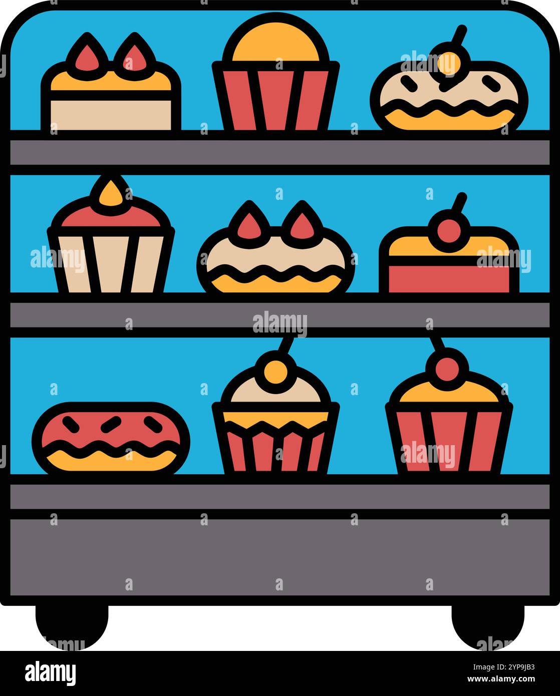 A cartoon image of a bakery display case with a variety of cakes and ...