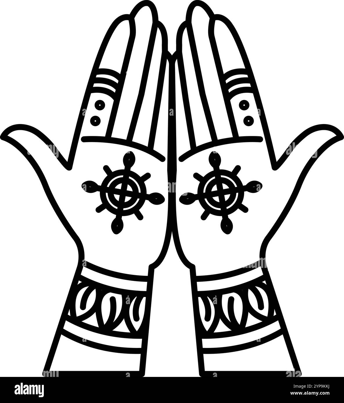 The hand drawing is of two hands with a cross and a wheel on them Stock Vector